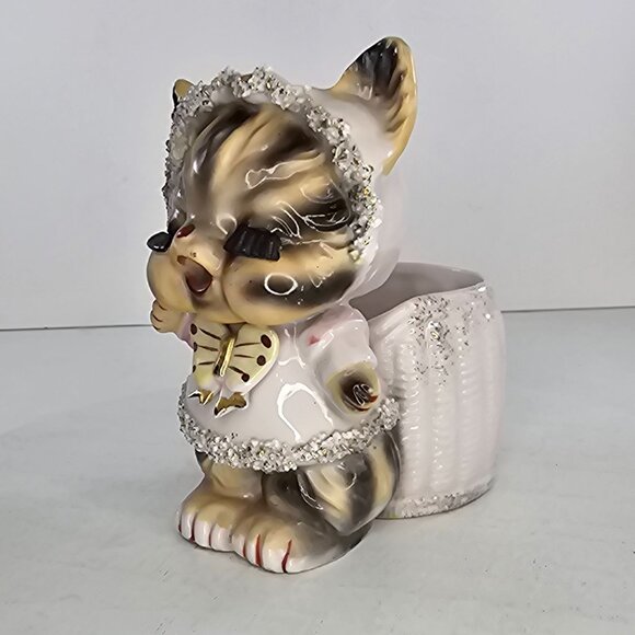 Vintage 1950s Anthropomorphic Striped Kitty Cat Planter Lashes Spaghetti Trim - Picture 3 of 10